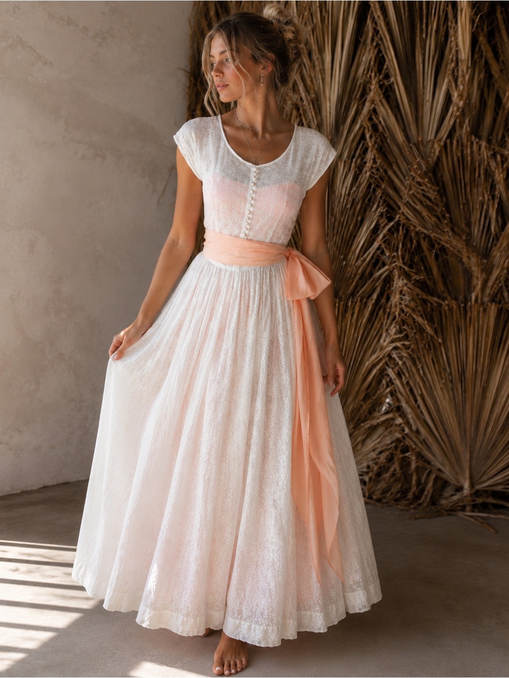 Vintage 1940s Gown Pink and White Organdy Lace Dress Bow‎ Coquette Wedding